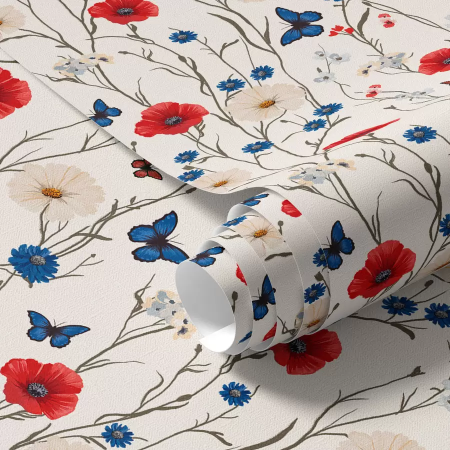 Wall Mural Photo Wallpaper Poppies, daisies and butterflies on white background a00072