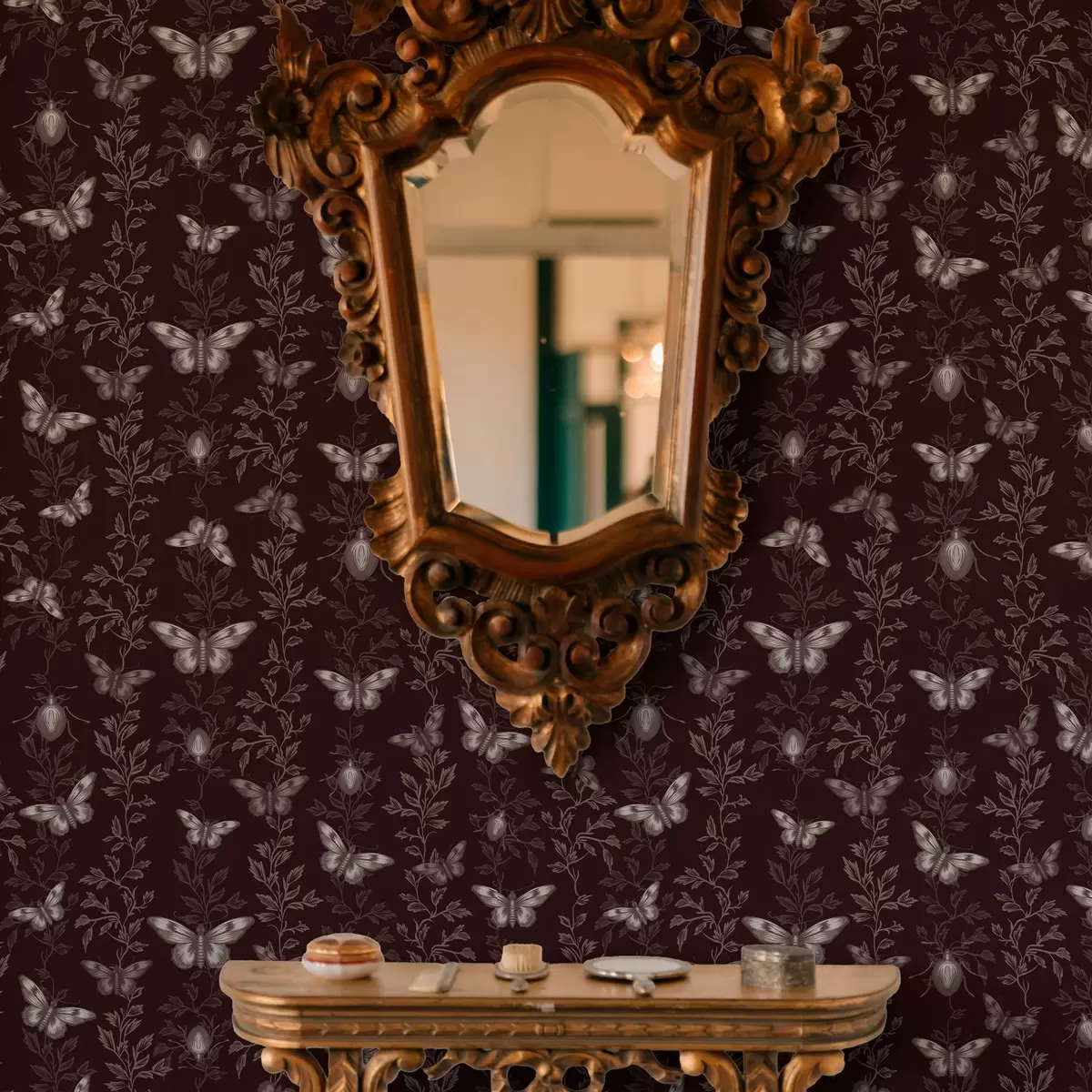 Wallpaper Composition with butterflies, leaves and insects on dark background a00073v1