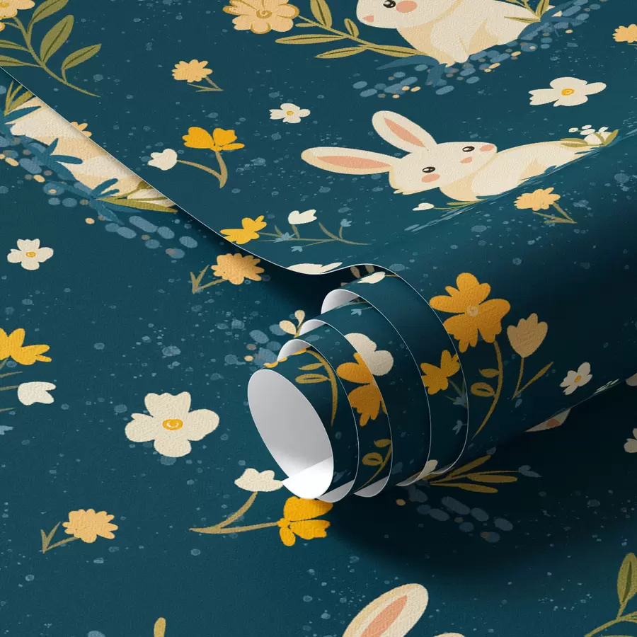 Wall Mural Photo Wallpaper Rabbits in grass and flowers on dark background a00080