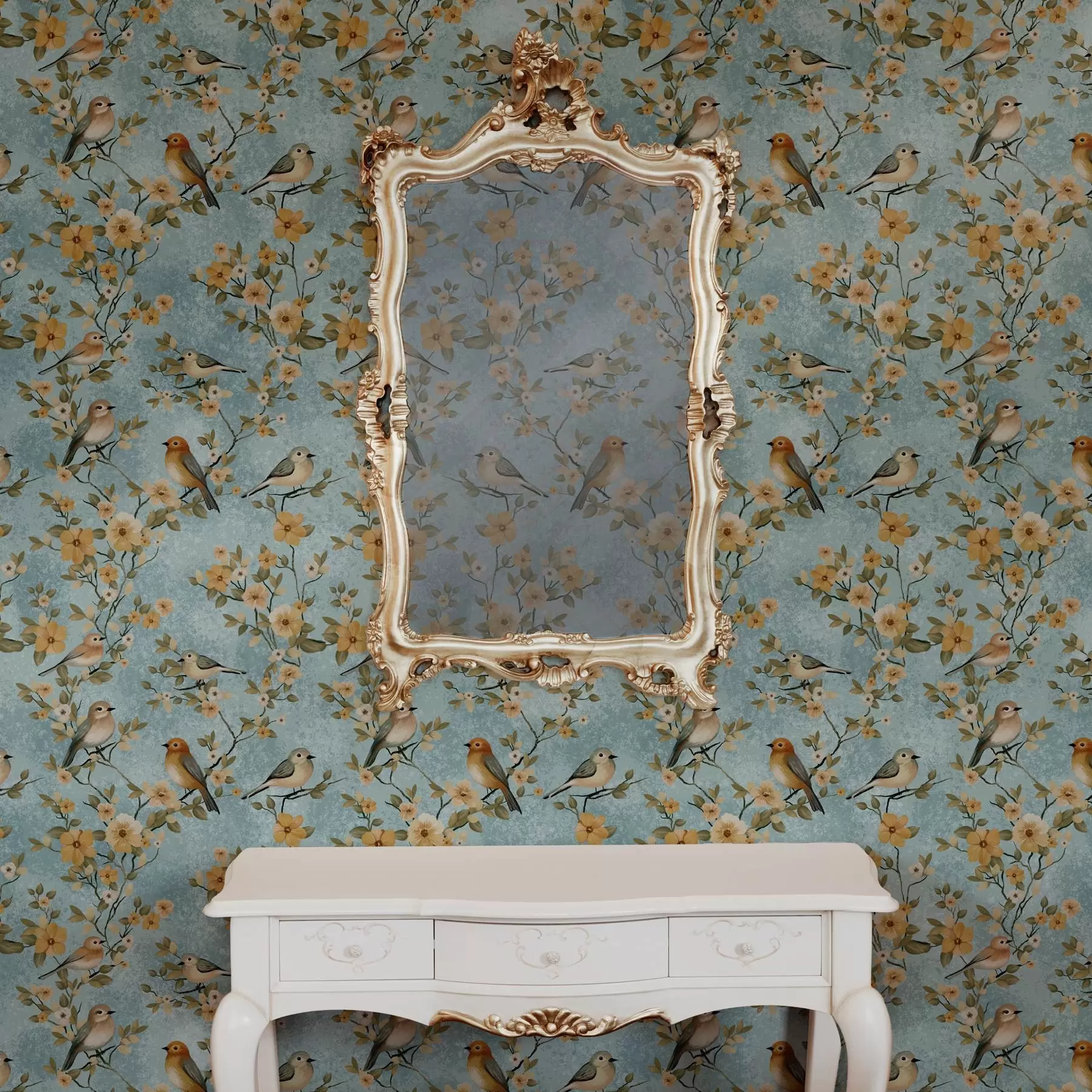 wall murals Small birds on branches on blue background a00092