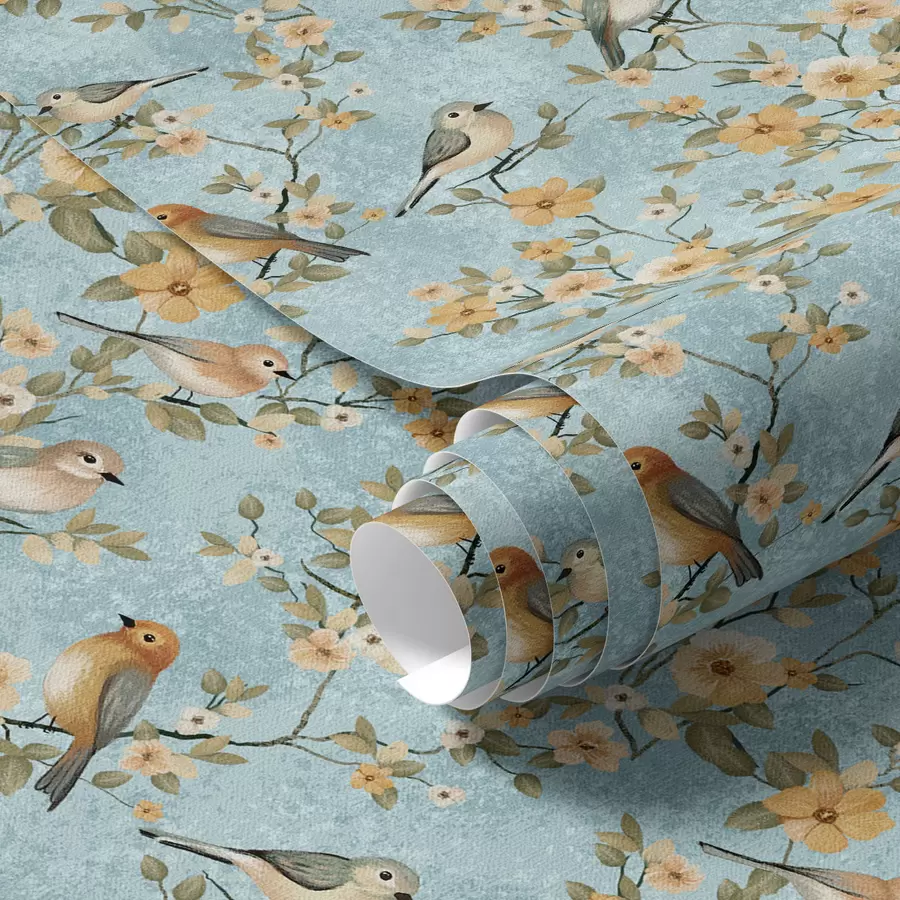 wall murals Small birds on branches on blue background a00092