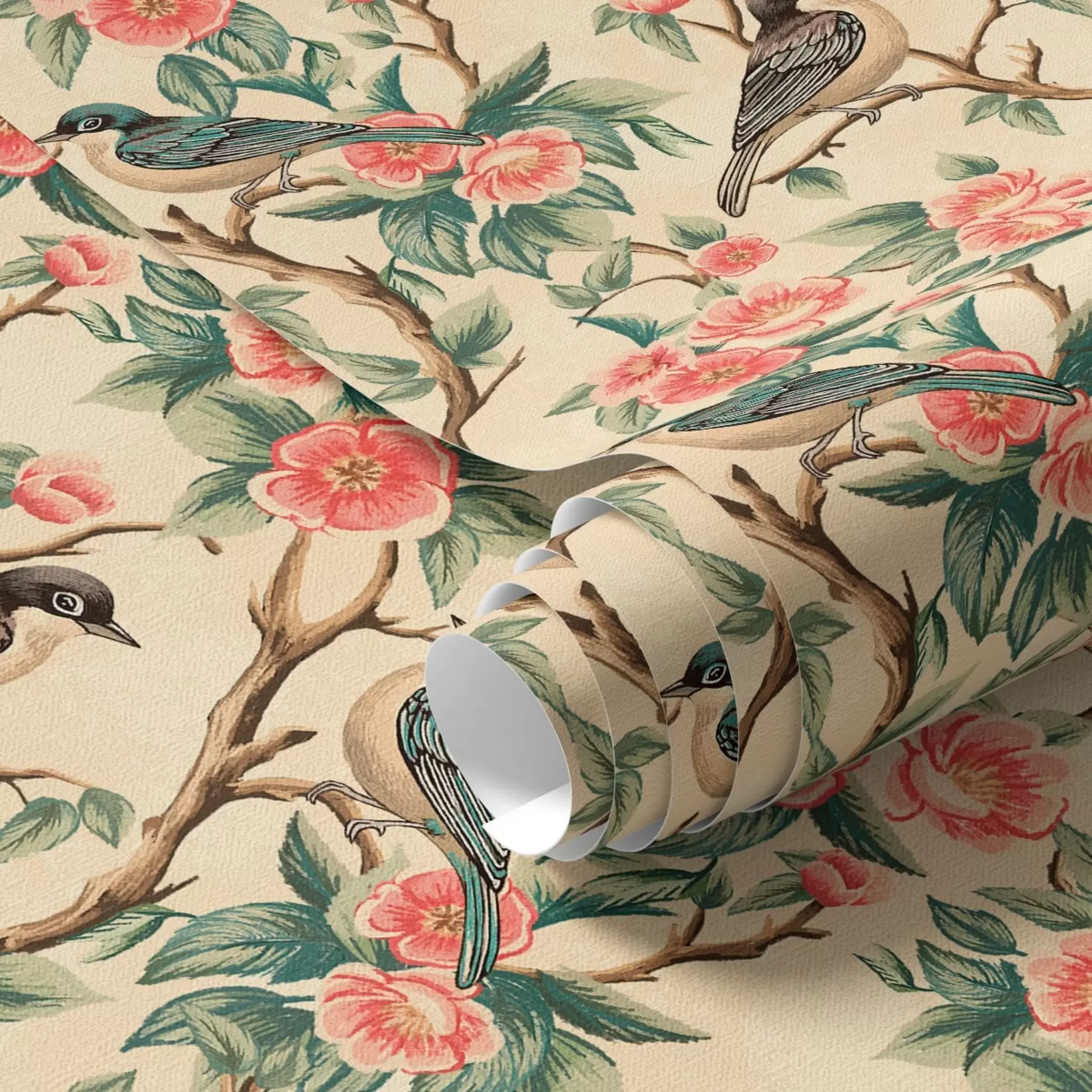 wall murals Small birds on branches with flowers on light background a00093