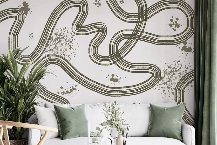 peintures murales Dessin au trait, éclaboussures de peinture, minimalisme, couleur olive w03408