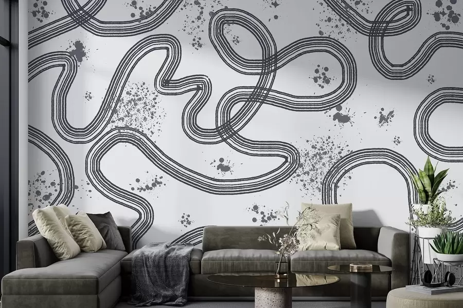 Wall Mural Photo Wallpaper Line art drawing, paint splatters, minimalism, grey color w03408v2