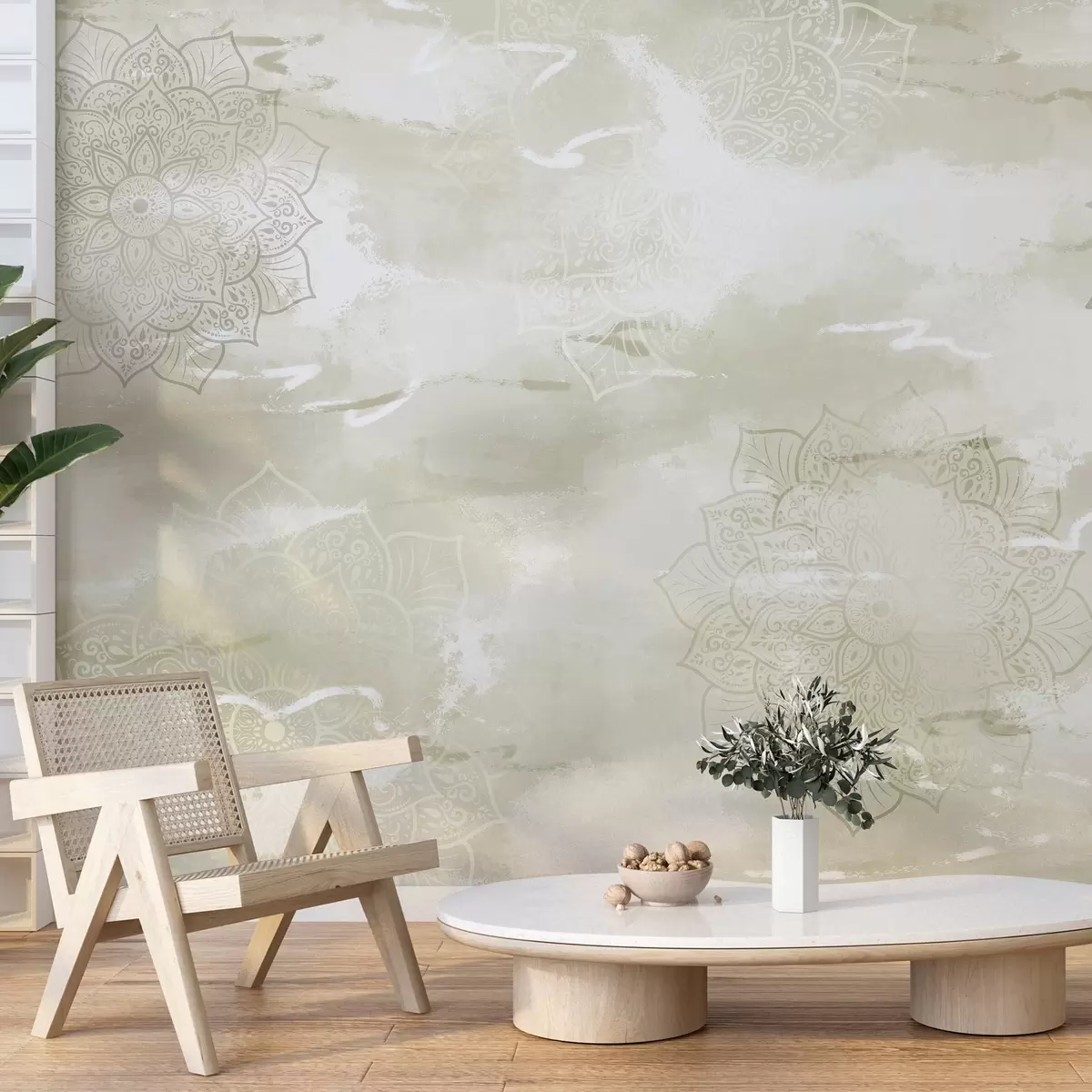 peintures murales Mandalas sur fond pastel, coups de pinceau vifs, couleurs vertes w03409v2