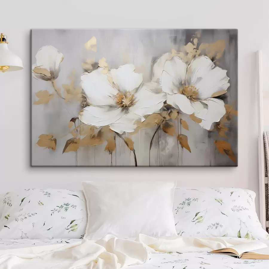wall murals White flowers with yellow leaves on a white background, thick brushstrokes imitation, textured modern style s43389