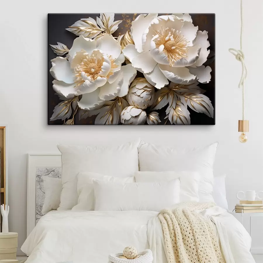 murales Peonías blancas y amarillas con hojas, detalles intrincados, arte decorativo, fondo oscuro s43399