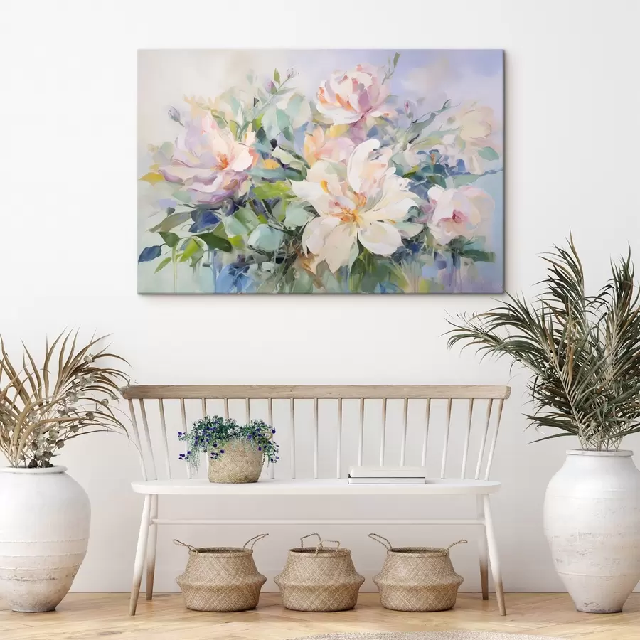 wall murals A floral arrangement featuring pastel colored flowers with blue leaves, oil painting imitation s43390