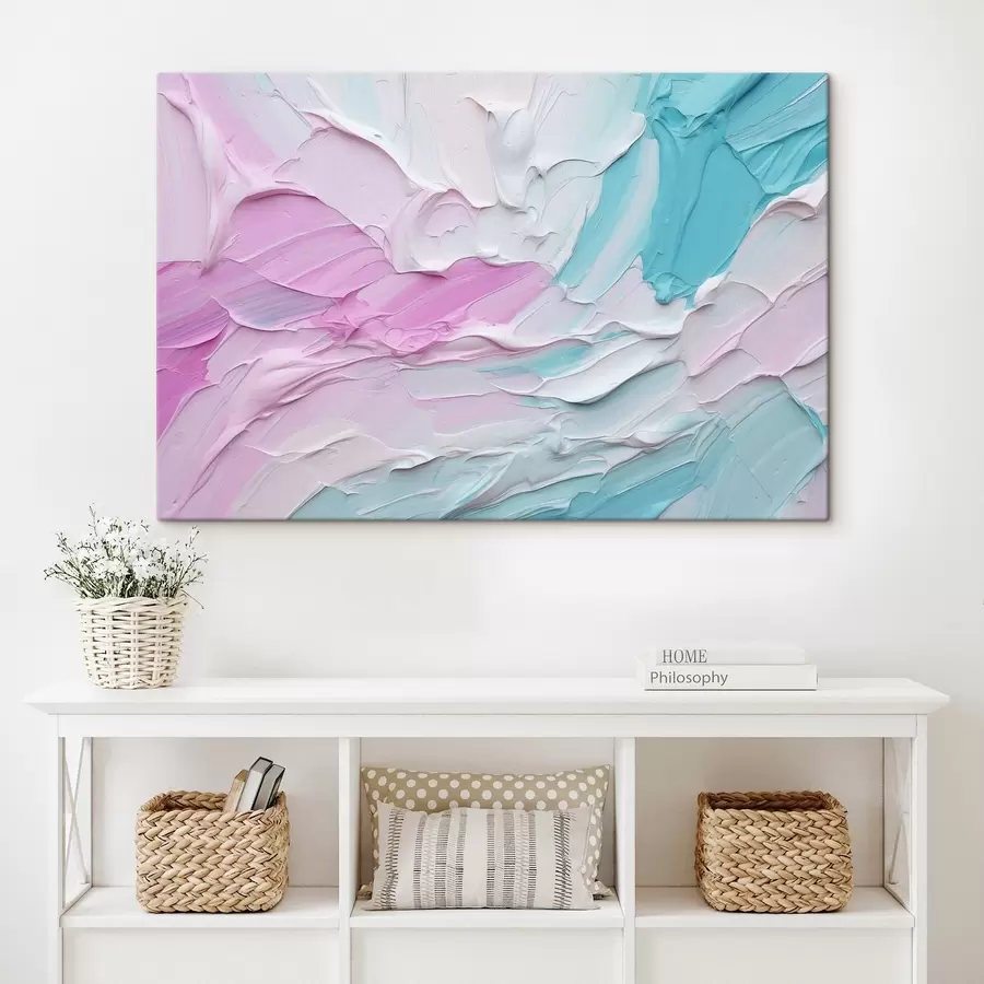 wall murals An abstract oil painting imitation with thick strokes of pink, white and turquoise paint, creating a textured effect s43393