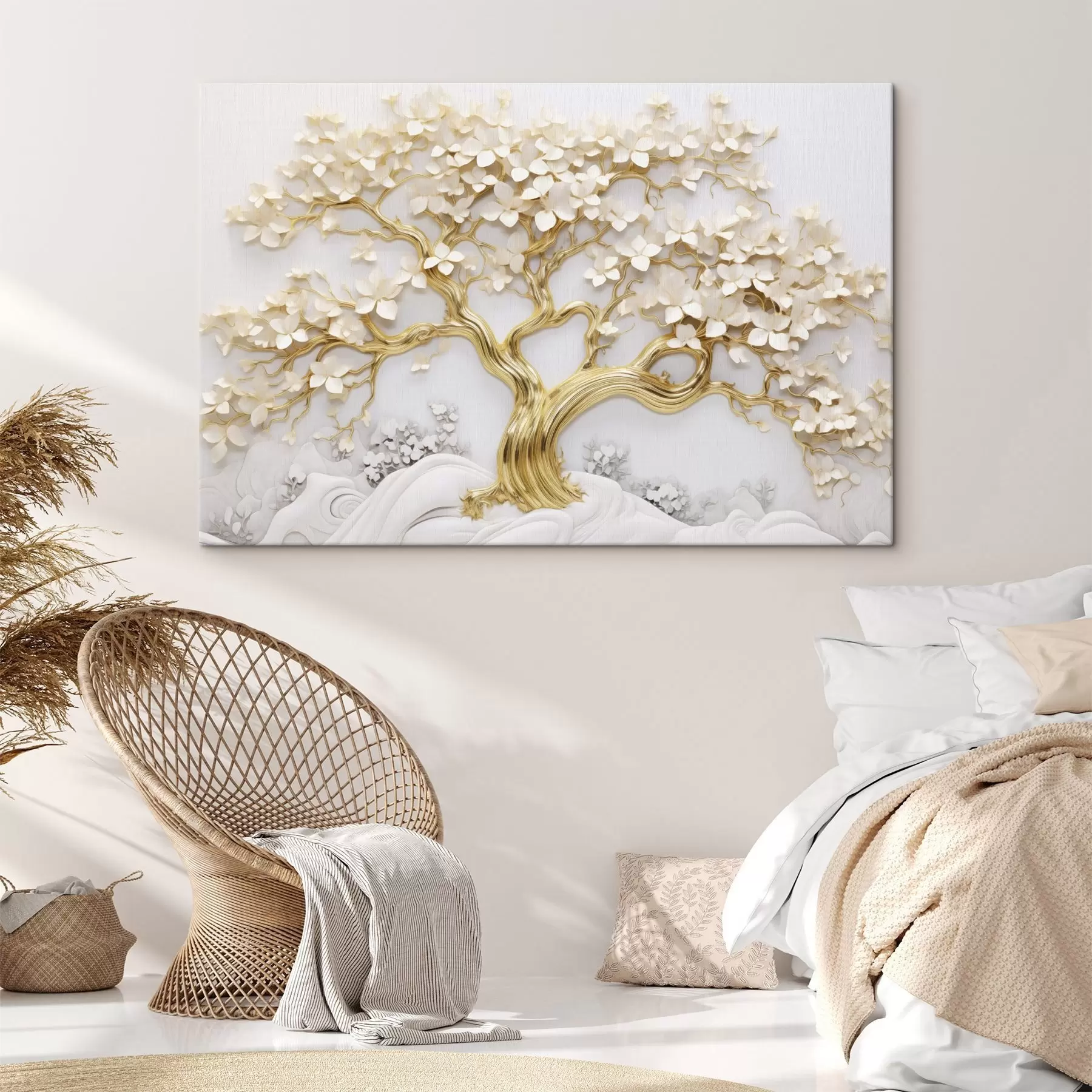 murales Árbol decorativo con flores blancas, fondo blanco, rocas blancas, detalles intrincados, arte inspirado en la naturaleza s43388