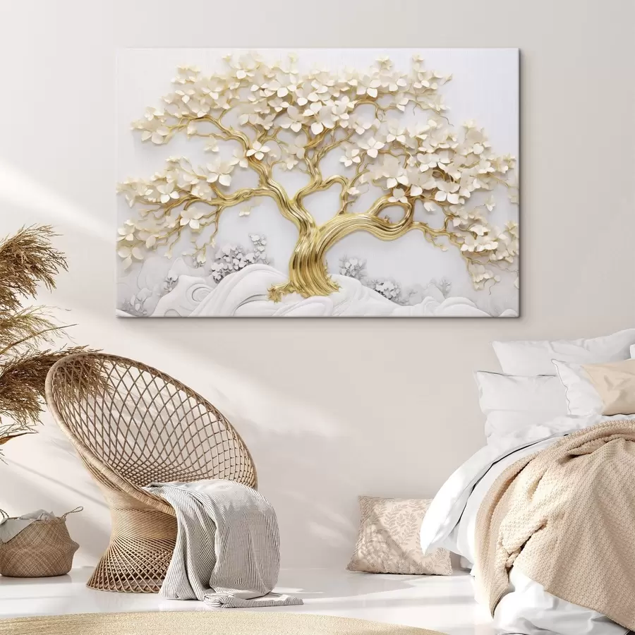 wall murals Decorative tree with white flowers, white background, white rocks, intricate details, nature-inspired art s43388