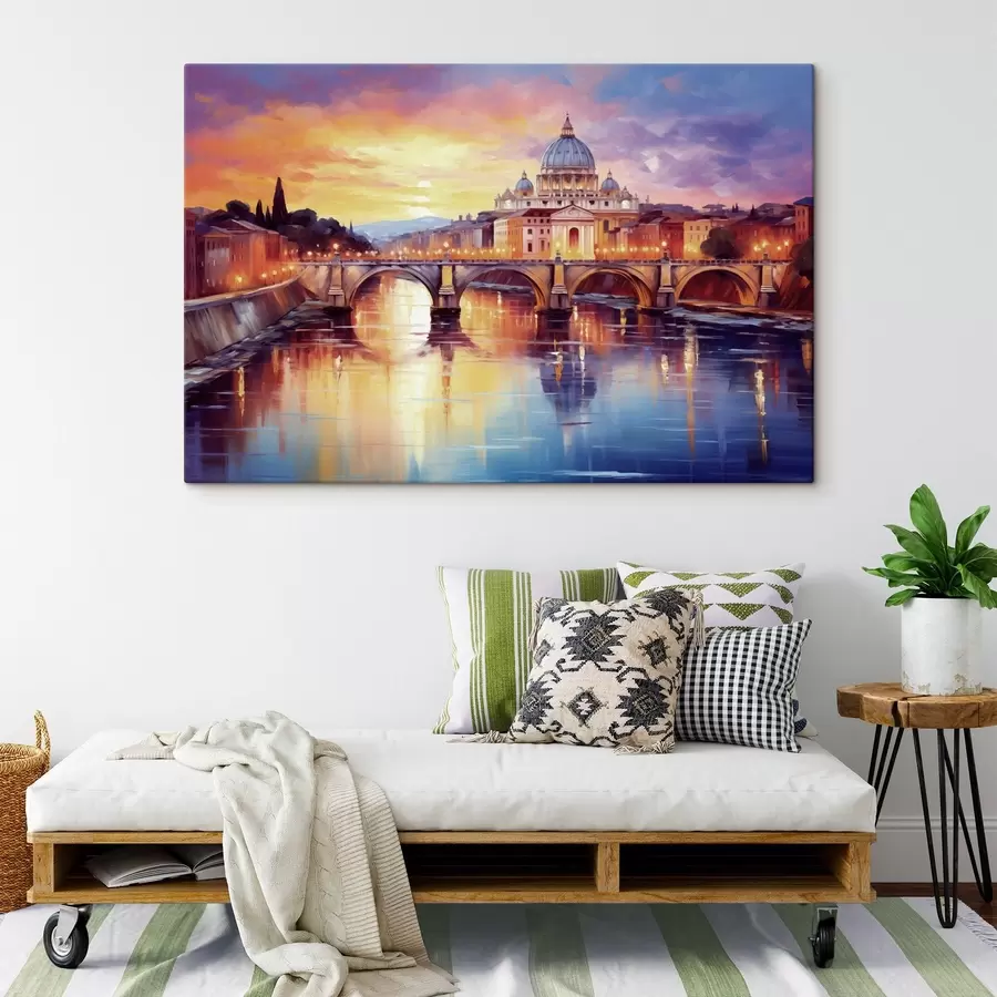 wall murals Saint Peter's Basilica and bridge over the river at sunset, warm colors, reflection in the water, oil painting style s43396