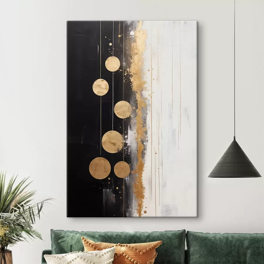 wall murals Abstract art with yellow circles hanging on black and white background with white and yellow spots s43410