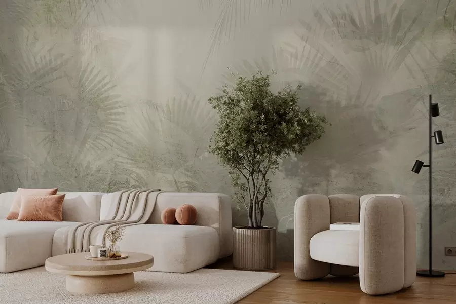 murales Papel pintado retro tropical texturizado en tonos beige w03399