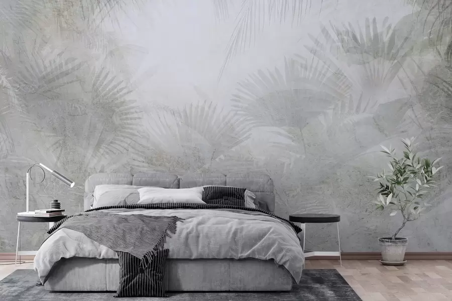 Wall Mural Photo Wallpaper Textured tropical retro wallpaper in gray tones w03399v1