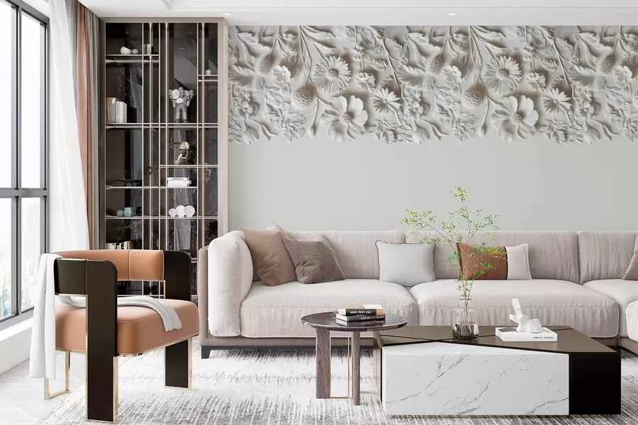 Wall Mural Photo Wallpaper Imitation of bas-relief flowers on top in milk color w03398v1