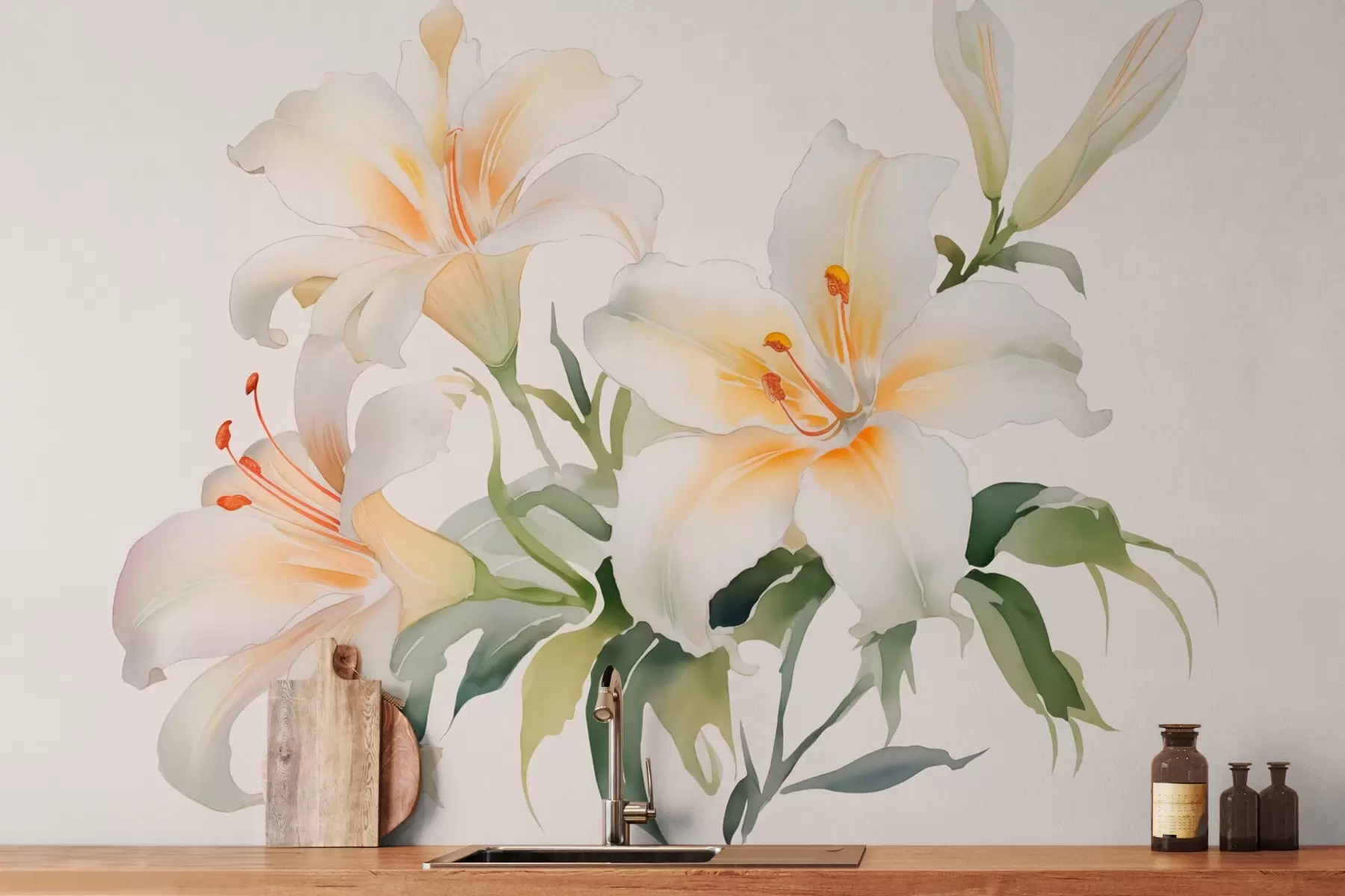 Wall Mural Photo Wallpaper White lilies imitation watercolor w03460