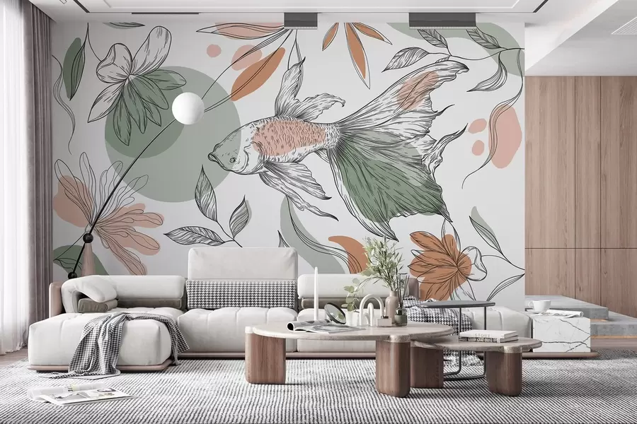 murais de parede Desenho de linhas de peixe com flores, minimalismo, marinho, floral, cores naturais w03448