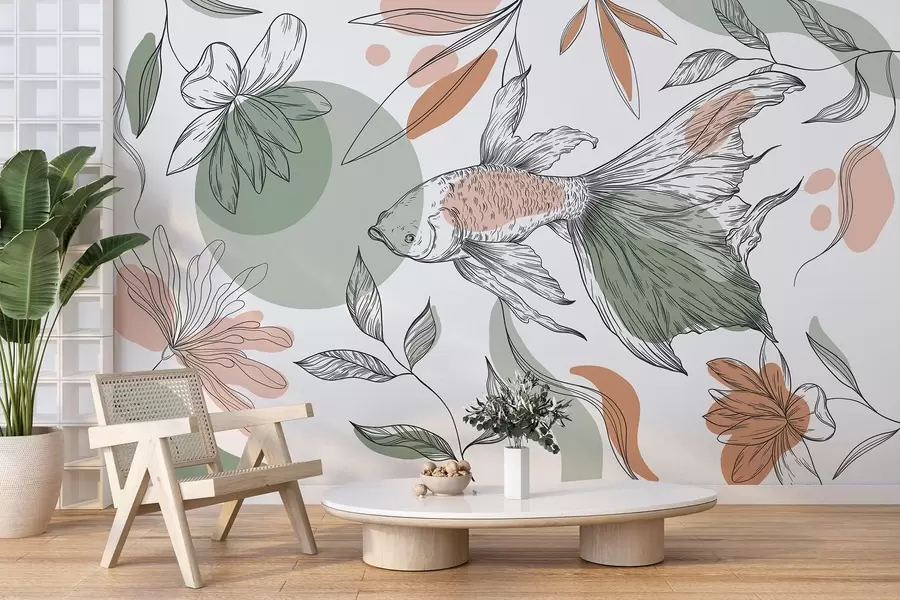 murais de parede Desenho de linhas de peixe com flores, minimalismo, marinho, floral, cores naturais w03448