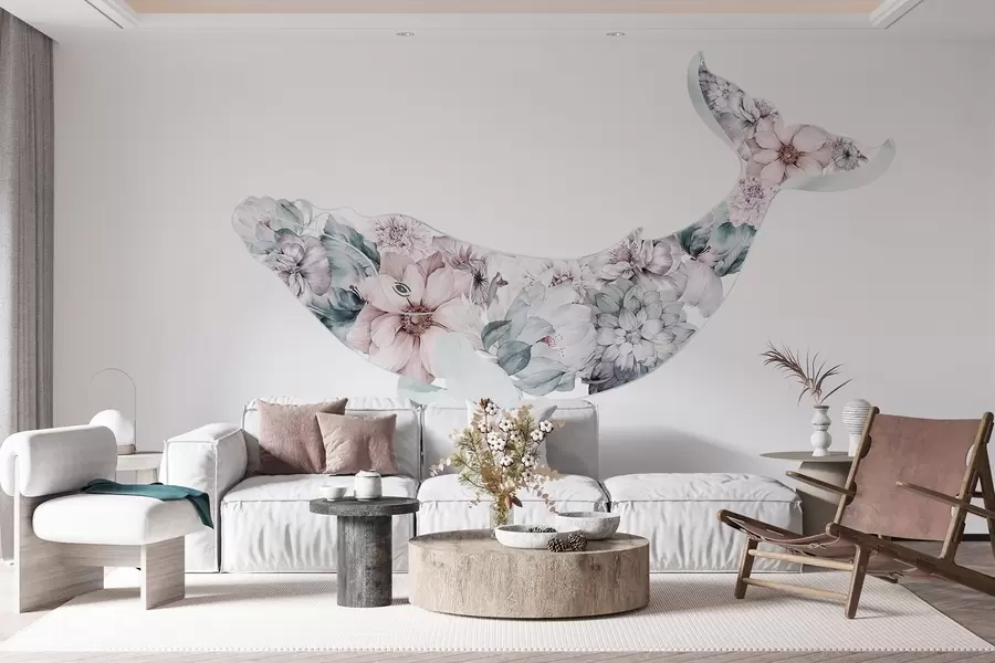 wall murals Beautiful whale with watercolor flowers, sea animals w03445v1