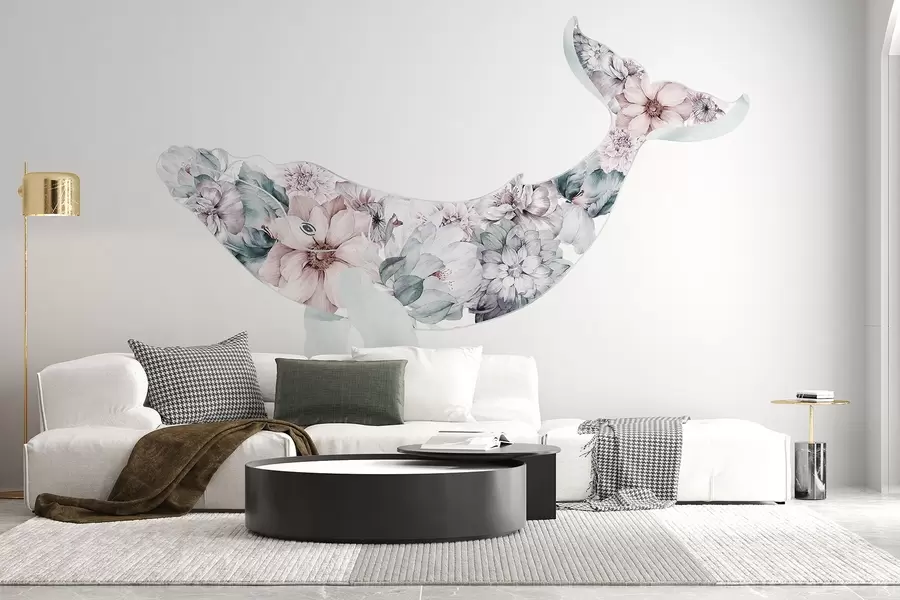 Wall Mural Photo Wallpaper Beautiful whale with watercolor flowers, sea animals w03445v1