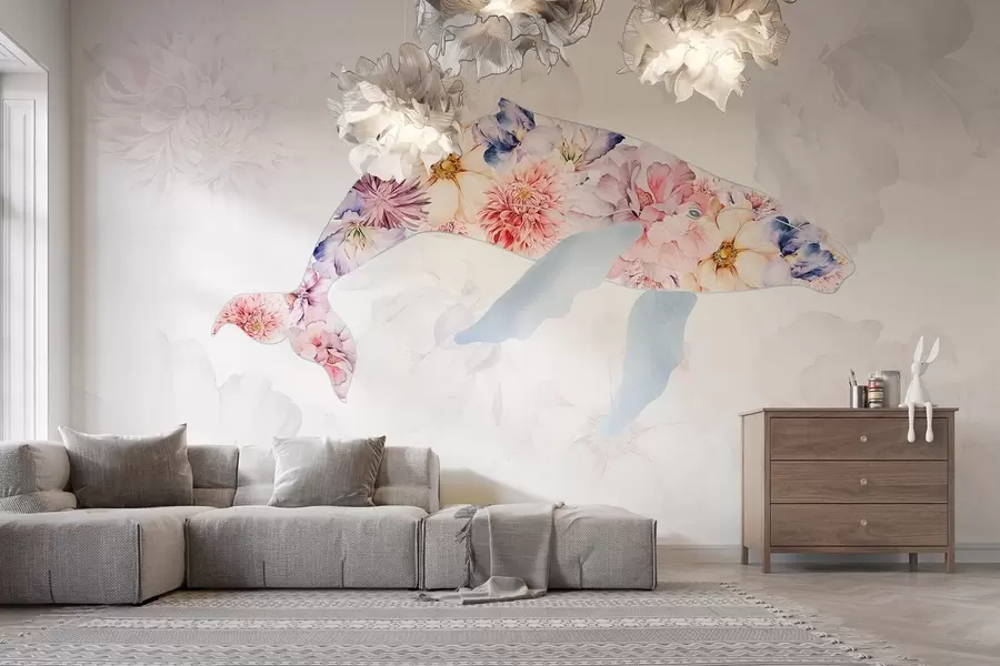 wall murals Whale with watercolor flowers, ocean animals, minimalism, colorful w03446