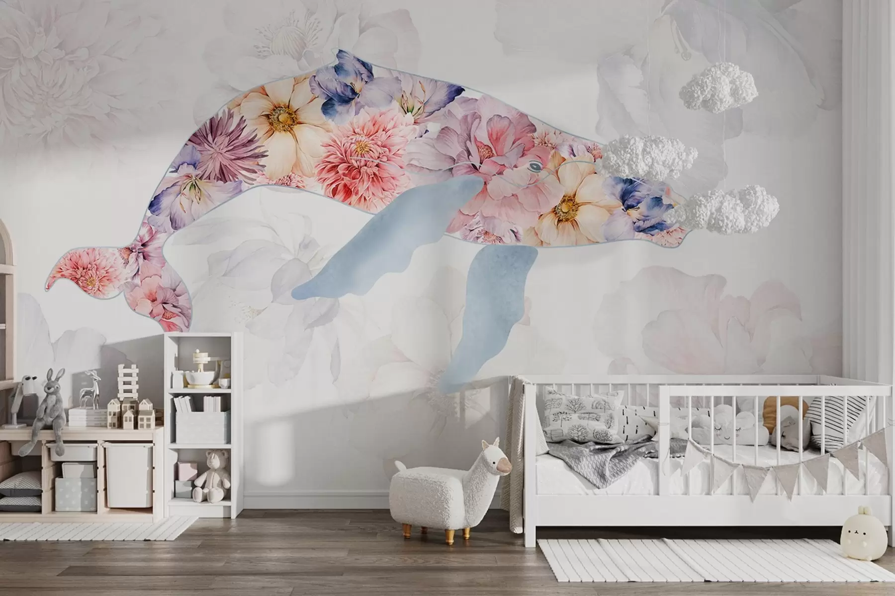 wall murals Whale with watercolor flowers, ocean animals, minimalism, colorful w03446
