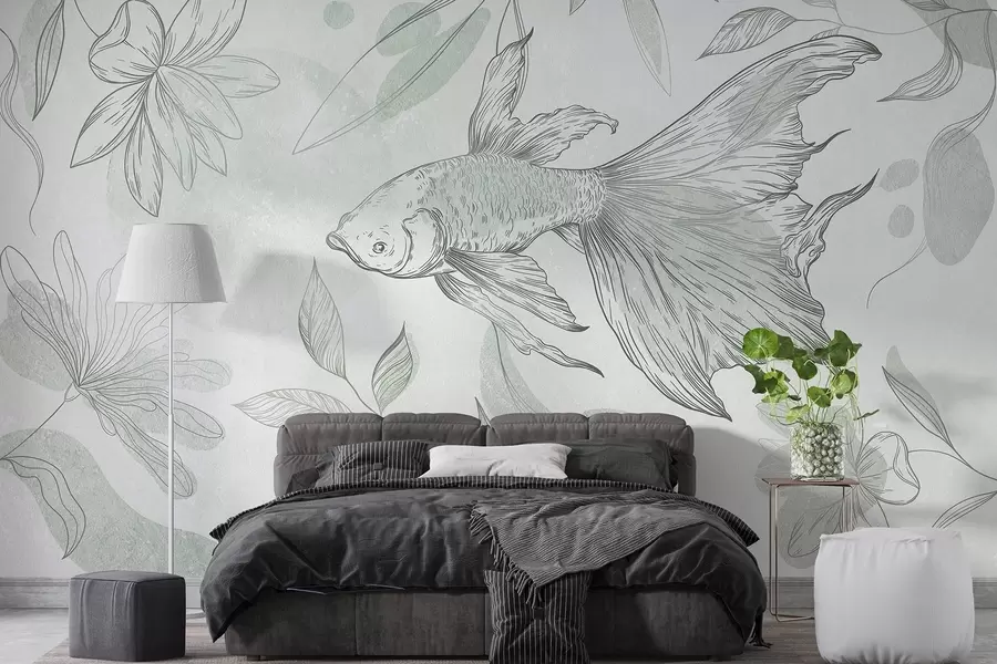 murales Pez con elementos florales, fondo verde, dibujo lineal w03517v1