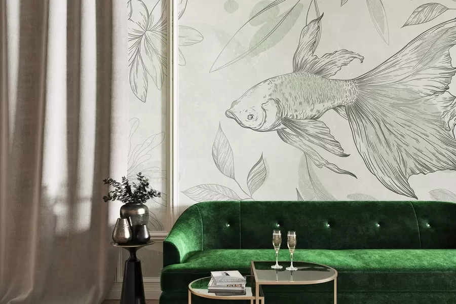 murais de parede Peixe com elementos florais, fundo verde, desenho de linhas w03517v1