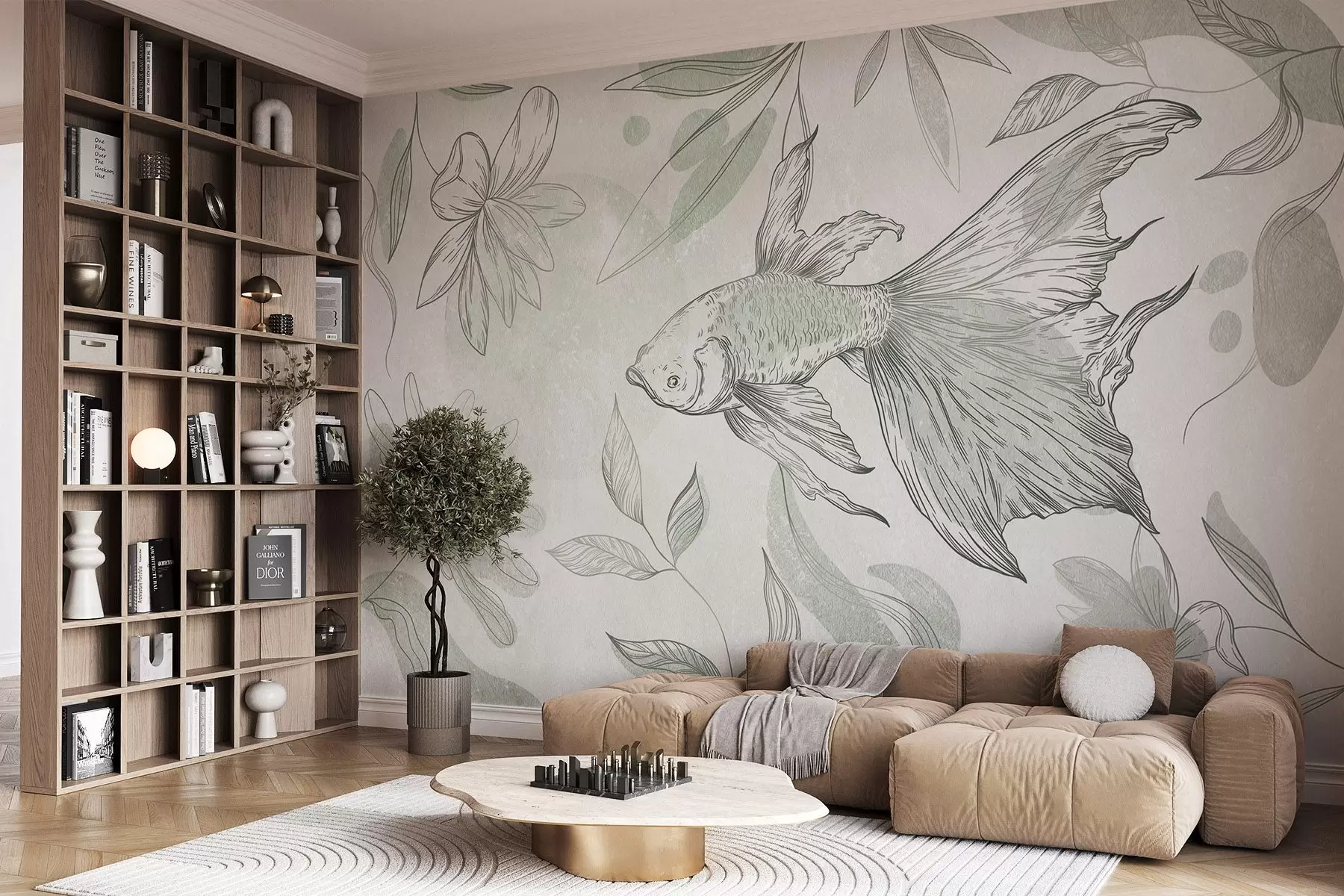 wall murals Fish with floral elements, green background, line drawing w03517v1