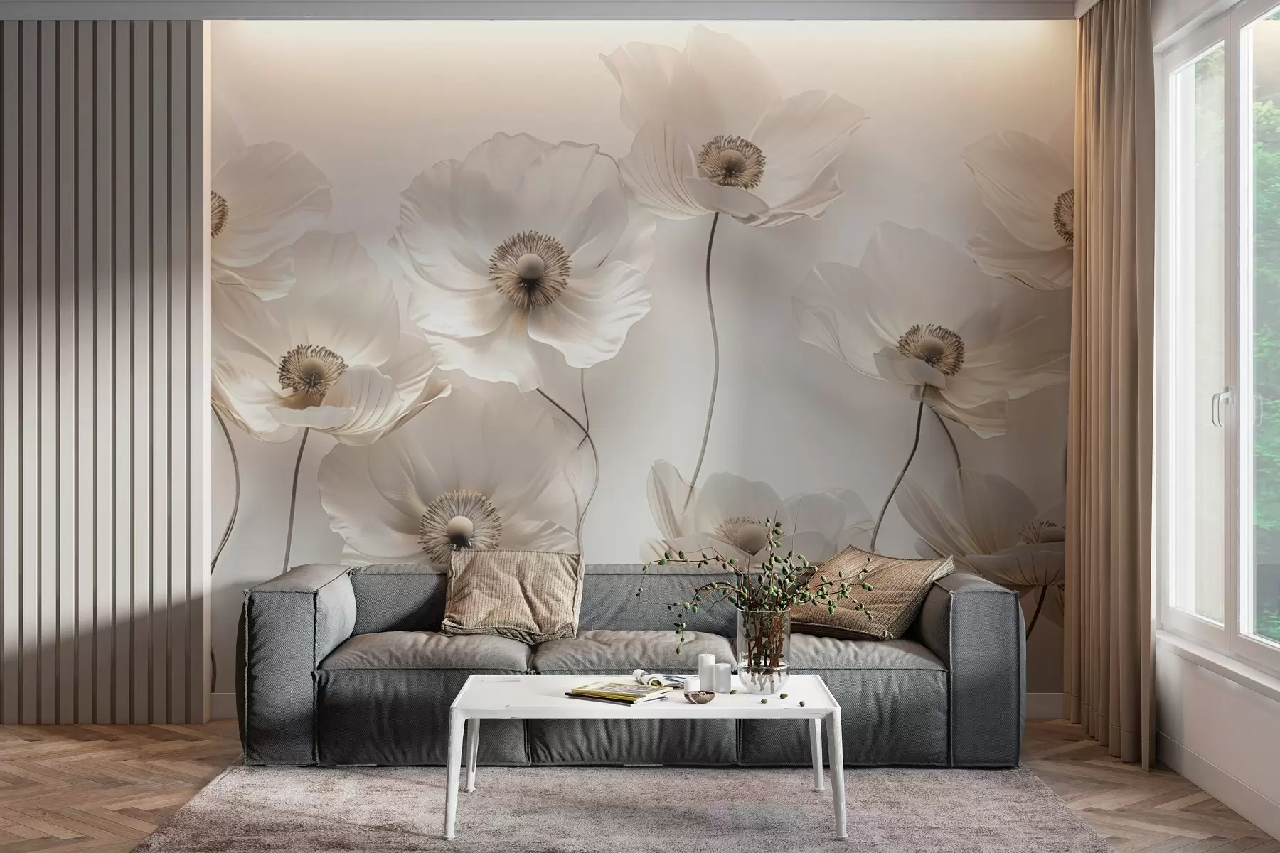 wall murals Delicate flowers in pastel beige shades w03518