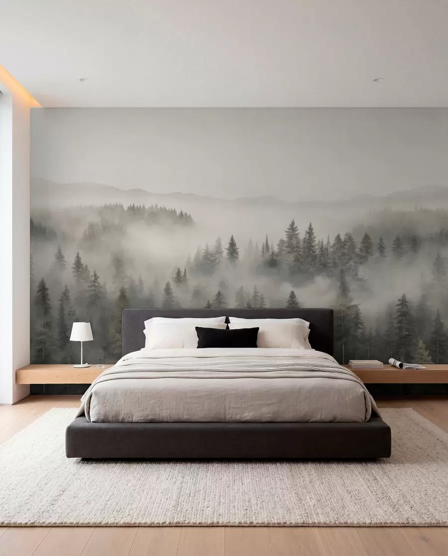 peintures murales Forêt de conifères brumeuse w03524