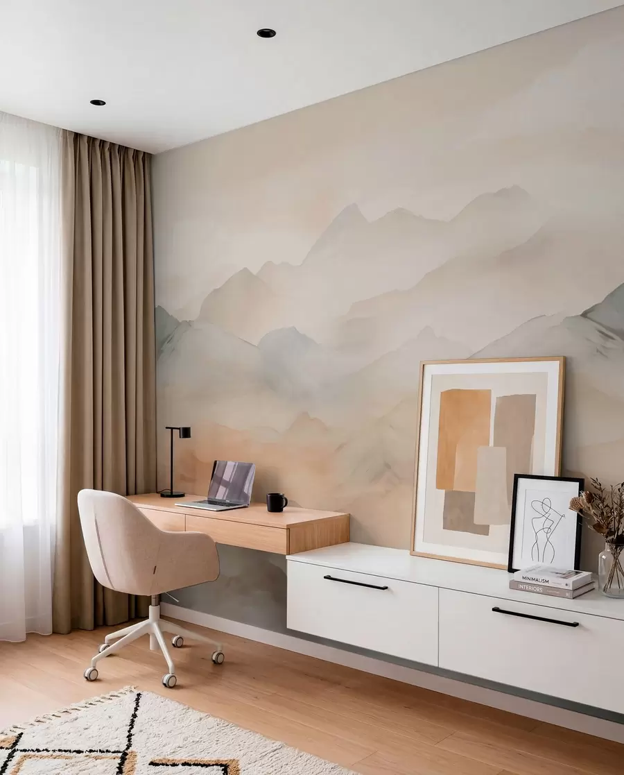 peintures murales Montagnes brumeuses aux couleurs douces w03535