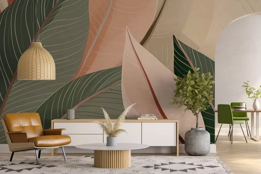 peintures murales Gros plan sur des feuilles de couleur vert olive et rose-crème w08944