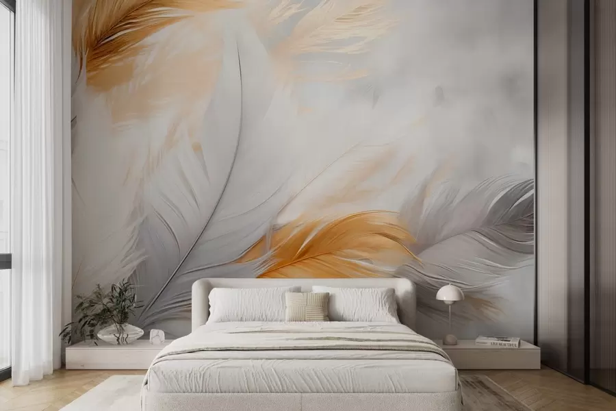 murales Plumas grises y amarillas sobre fondo gris w08937