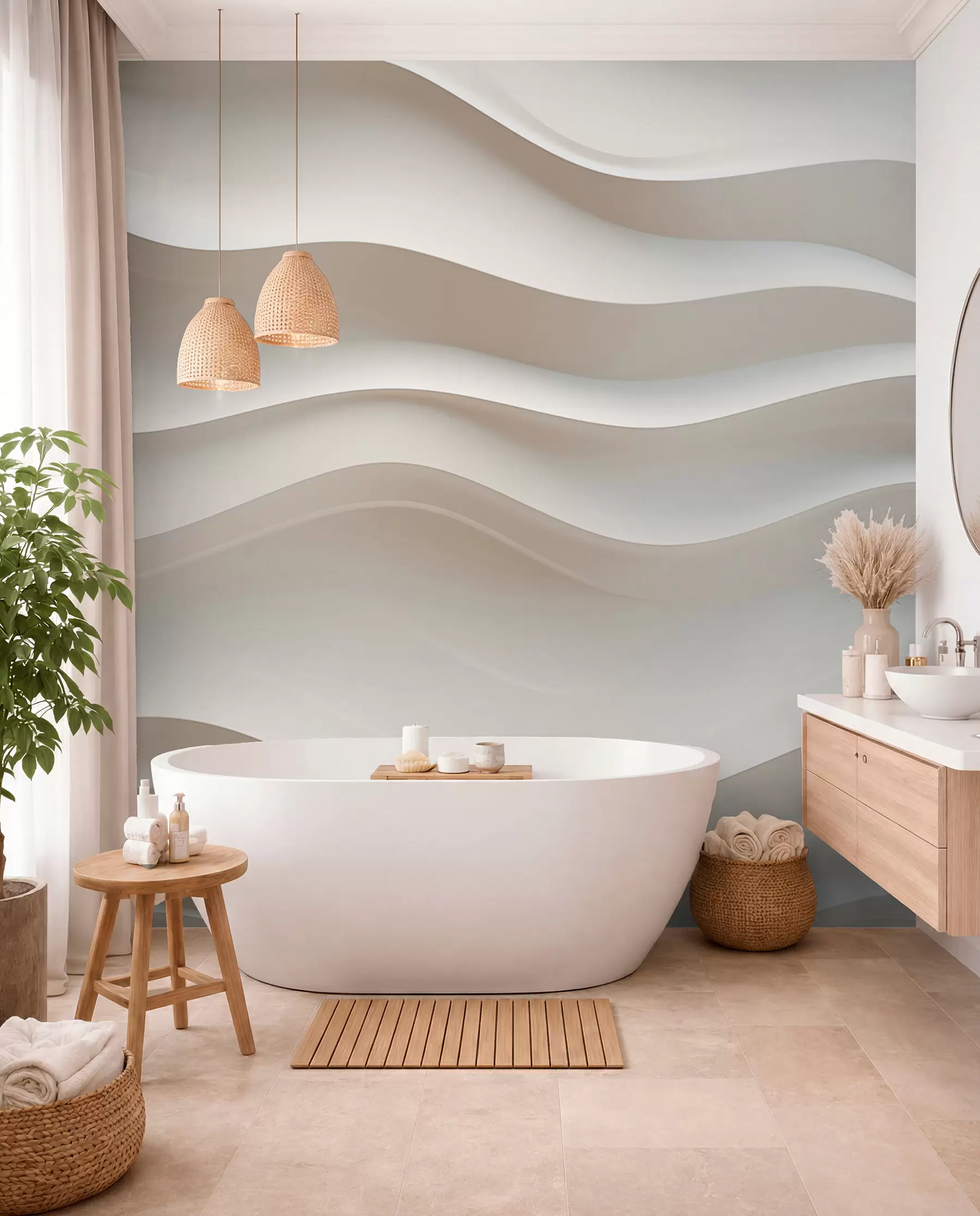 wall murals 3D white and gray waves w08939
