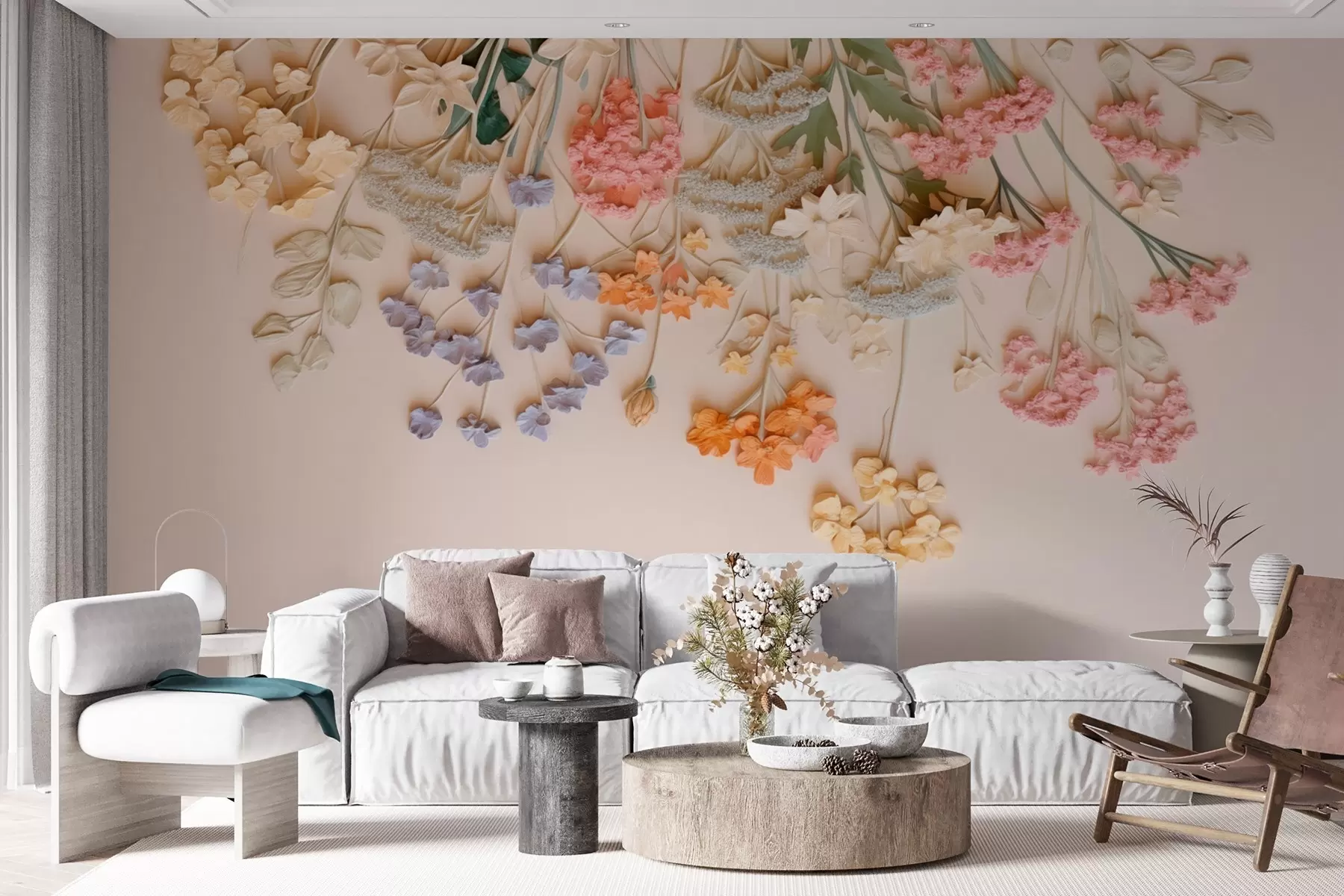 wall murals Hanging voluminous wildflowers on a beige background w08940
