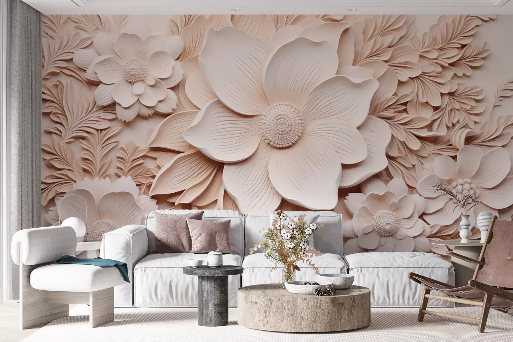 wall murals Beige flowers and leaves with a relief effect w08933