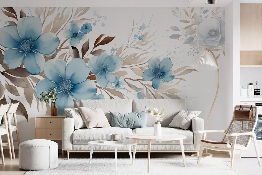 peintures murales Composition florale avec des fleurs bleues et des feuilles brunes w08934