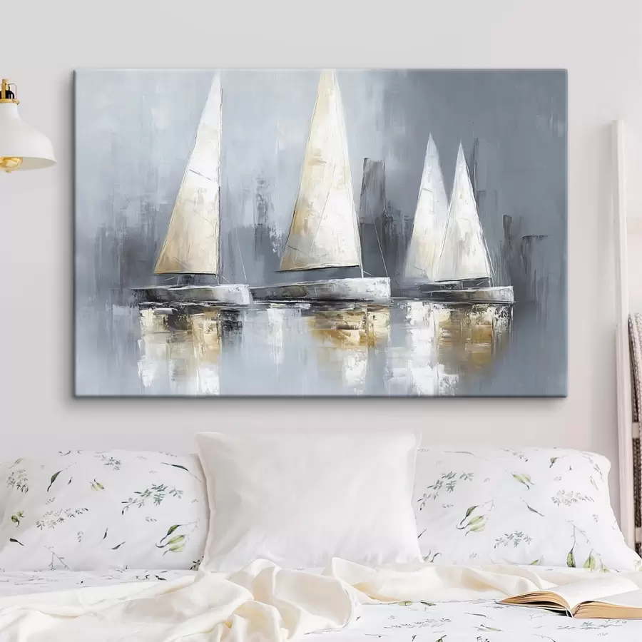 wall murals Sailboats with reflections in the water, oil style drawing, grey colors s43506
