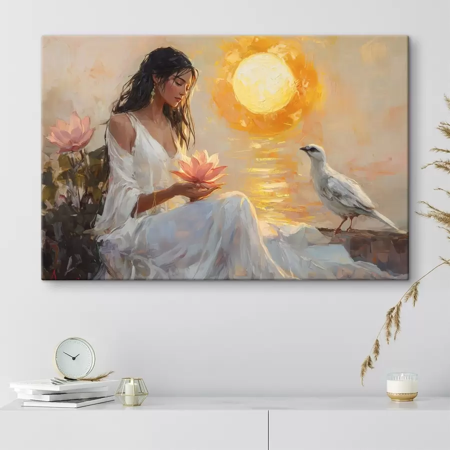 wall murals Woman with lotus flower on the sunset, white bird, oil style drawing s43501