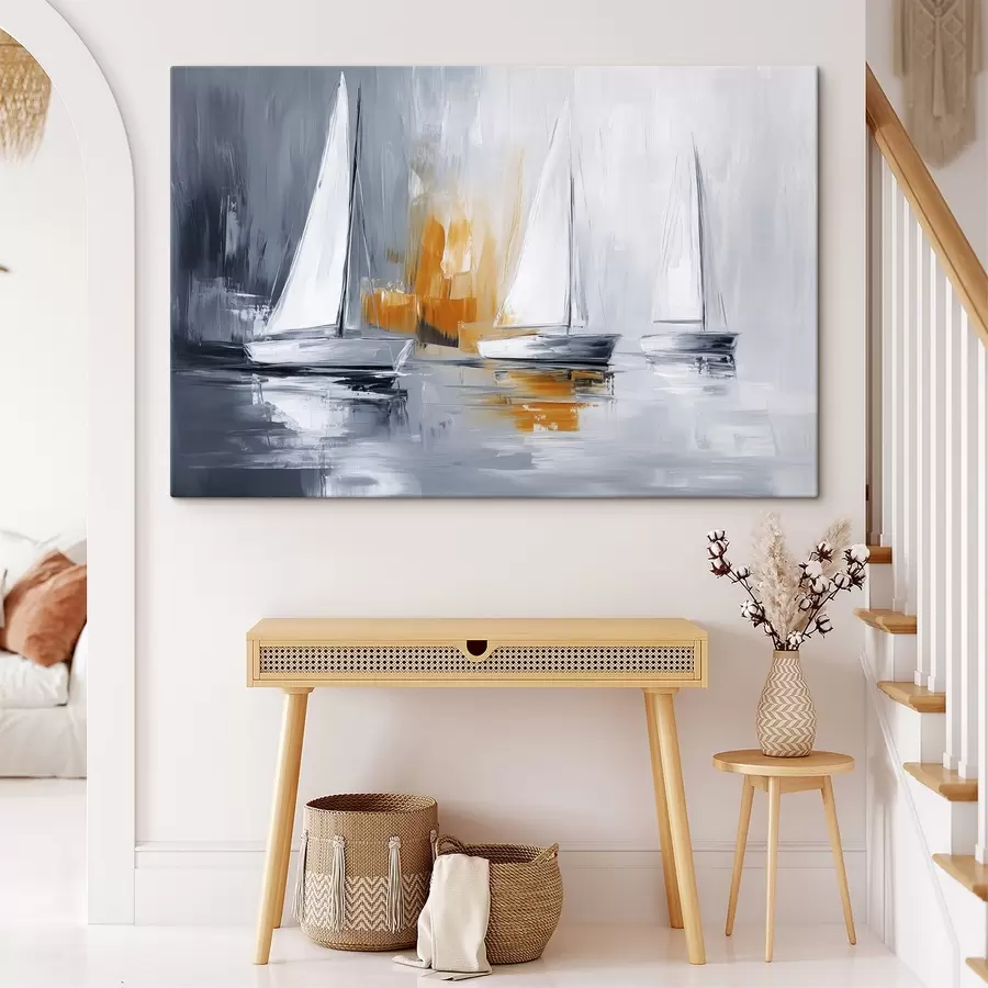murales Veleros, abstracción, dibujo estilo acrílico, gris y naranja s43499