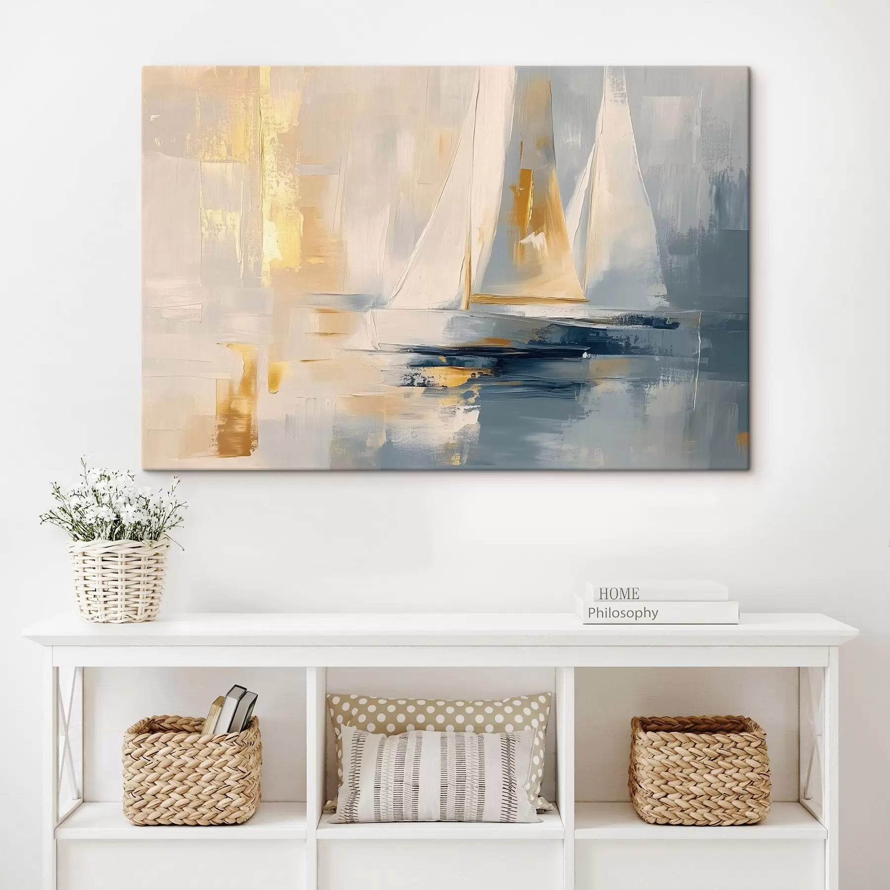 wall murals Abstraction with the sailboats in the sea, acrylic style, sunset s43500