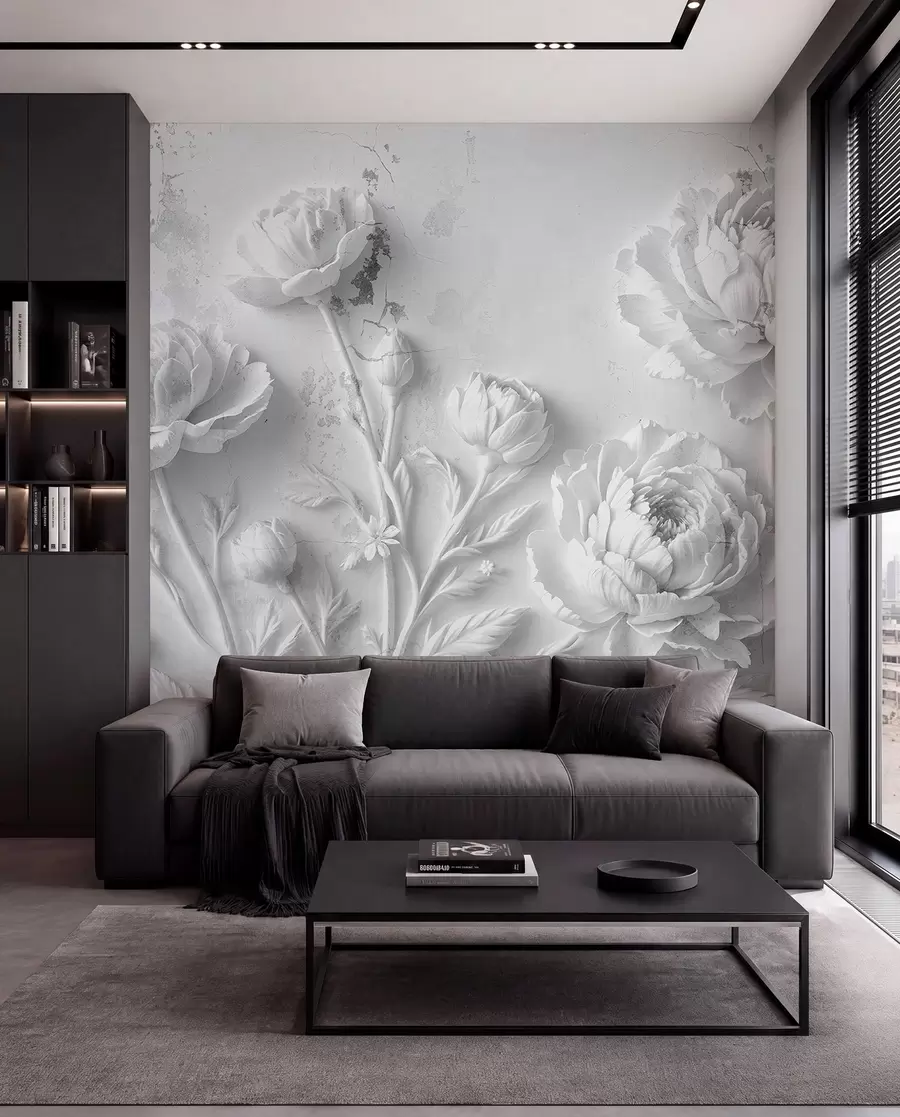 wall murals Peony Shadows in Silver w03553v2