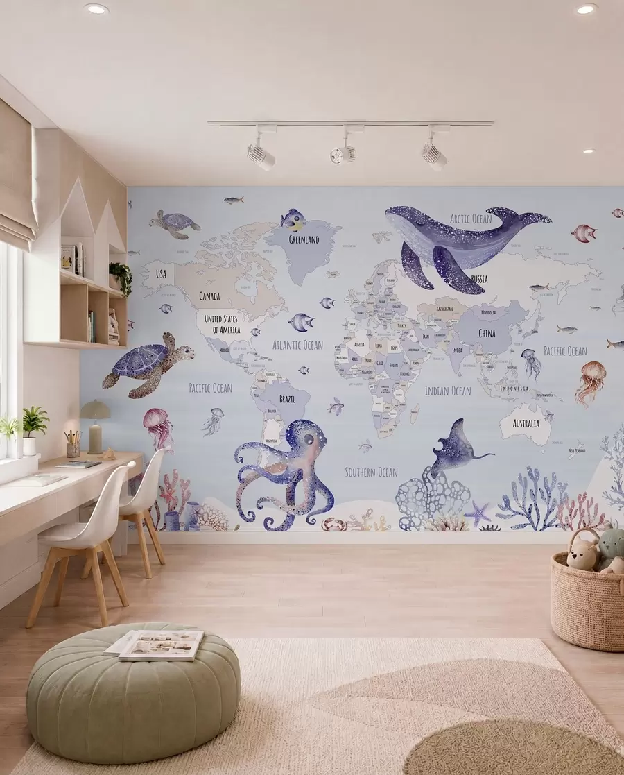 wall murals Underwater world with world map w03526v1