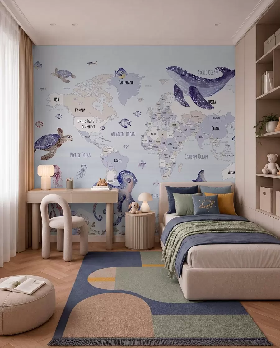 peintures murales Monde sous-marin avec carte du monde w03526v1