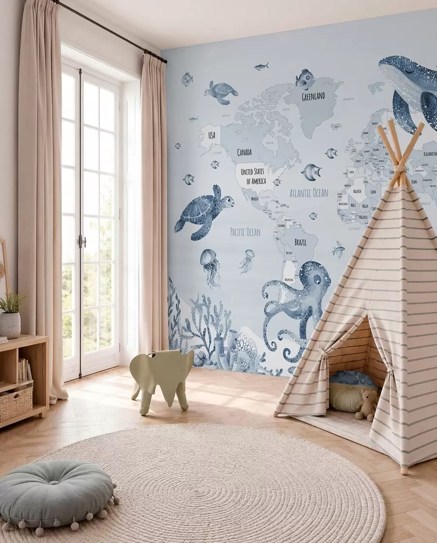 wall murals Underwater world with world map w03526v3