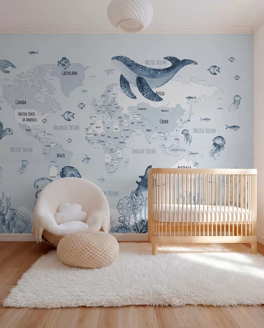 wall murals Underwater world with world map w03526v3