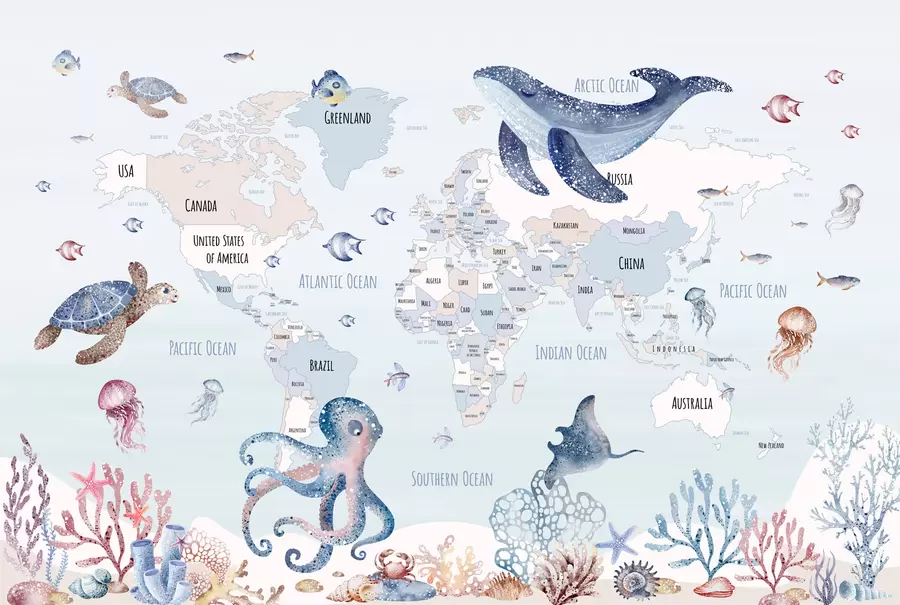 murales Mundo submarino con mapamundi w03526