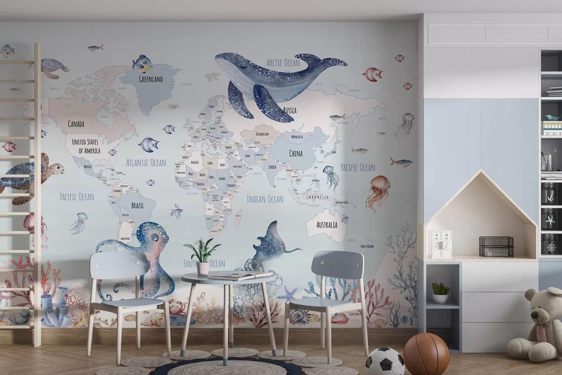 wall murals Underwater world with world map w03526